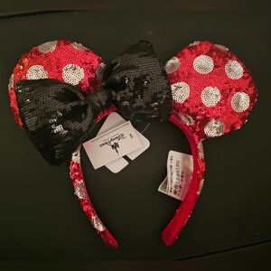 Disney Parks Red and White Polka Dot Sequin Minnie Mouse Headband with Black Bow